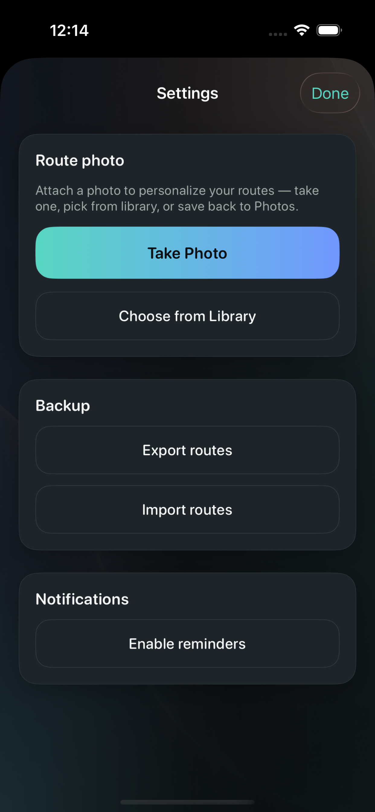 Settings for photo, backup, reminders